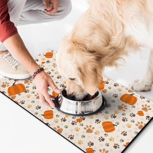 Fall Pumpkin Dog Food & Water Mat, Paw Prints Autumn Pet Feeding Mat for Floor Non-Slip Waterproof, Super Absorbent Cat Bowl Mat, Easy to Clean Eco-Friendly Durable Pet Placemat,17" × 30" - Image 2