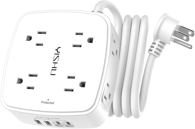 6 Ft Surge Protector Power Strip - 8 Widely Outlets with 4 USB Ports, 3 Side Outlet Extender with 6 Feet Extension Cord, Flat Plug, Wall Mount, Desk USB Charging Station, ETL,White by YISHU