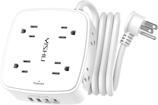 6 Ft Surge Protector Power Strip - 8 Widely Outlets with 4 USB Ports, 3 Side Outlet Extender with 6 Feet Extension Cord, Flat Plug, Wall Mount, Desk USB Charging Station, ETL,White by YISHU
