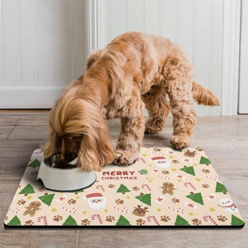Christmas Dog Food & Water Mat, Paw Prints Santa Claus Snowman Xmas Pet Feeding Mat for Floor Non-Slip Waterproof, Super Absorbent Cat Bowl Mat, Easy to Clean Pet Placemat,16" × 24" - Image 4
