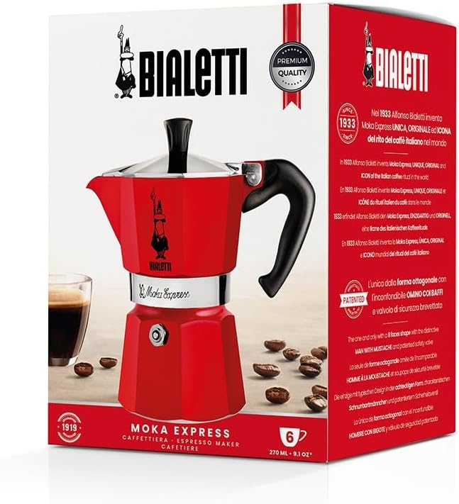 Bialetti - Moka Express: Iconic Stovetop Espresso Maker, Makes Real Italian Coffee, Moka Pot 6 Cups (6 Oz), Aluminium, Red - Image 5