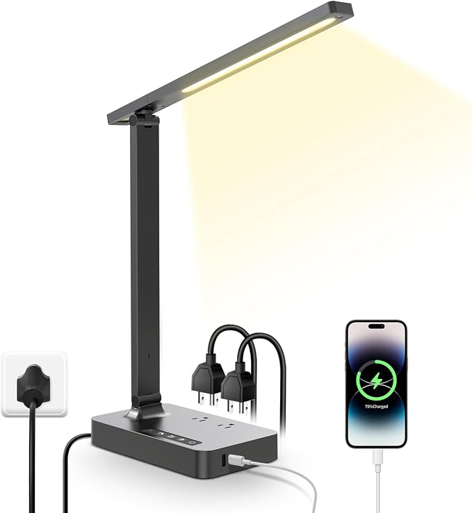 LAOPAO Desk Lamp with USB Charging Port: Power Strip with Surge Protection - 1 Type-C, 1 USB-A Charging Port, 2 AC Power Outlets, Desk Lamps for Home Office College Dorm Room Essentials by LAOPAOInc-TheUSA