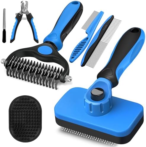 Professional 7 in 1 Pet Grooming kit I Dog Brush & Cat Brush I Dog&Cat Comb I Dog&Cat Nail Clipper/Trimmers with Nail File I Dog Bath Brush I Dog&Cat Flea Comb I Pet Supplies(Deep Blue) by Augwind