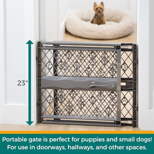 MYPET Paws Portable Pet Gate: 26-40" Wide Expandable, Pressure Mounted No Tools Needed, Durable Dog Gate for Doorways, Made in USA, 23" Tall, Fieldstone Gray - Image 2
