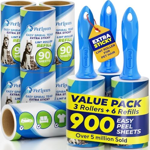 PetLovers Extra Sticky Lint Roller Mega Value Set 900 Sheets for Pet Hair Removal and Clothes, Dog and Cat Lint Remover, 10 Pack by PetLovers