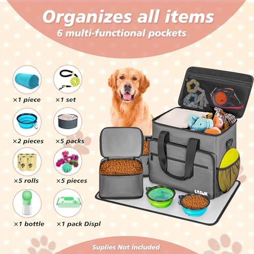 5 Set Dog Travel Bag for Supplies, Dog Lovers, Large Pet Travel Kit Includes 2 Food Containers&2 Collapsible Bowls、Placemats,Grey - Image 6