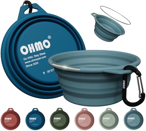 OHMO Small Collapsible Dog Bowls, Steel Rim, 12oz, 2pcs, Dark&Light Blue by OHMO