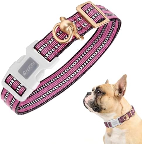 Auroth Dog Collar for Medium Large Dogs, Reflective Dog Collar, Soft Nylon Adjustable Dog Collars with Heavy Duty Metal D Ring Tangle Free (Medium:12"-19.6", Pink) by AurothPets