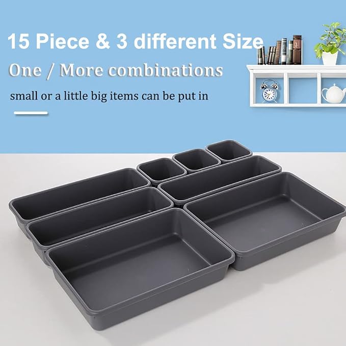 Kutesna 15PCS Interlocking Drawer Organizer, Plastic Desk Organizers Set | 3-Size Versatile Storage Bins,BPA-free, Non-slip, Fits Any Drawer for Cosmetics, Bathroom, Tools, Kitchen and Office - Image 6