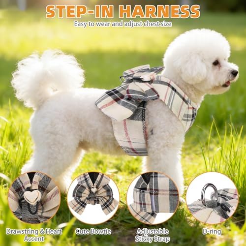 KOOLTAIL Small Dog Harness and Leash Set, Cute Puppy Vest Harnesses with Bowtie, Step in No Pull Soft Mesh Padded Adjustable Plaid Pet Harness for Extra-Samll Medium Dogs Cats, Boy Girl, XS-M, Beige S - Image 2