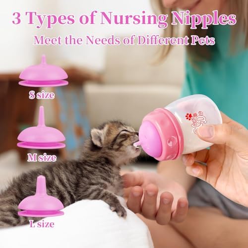 Pet Feeding Bottle and Syringes,60ml Nursing Bottle, 3 Sizes Nipples with Ventilation Valve Resistant Tearing Perfect for Puppies, Kittens, Small Wildlife (Pink) - Image 5