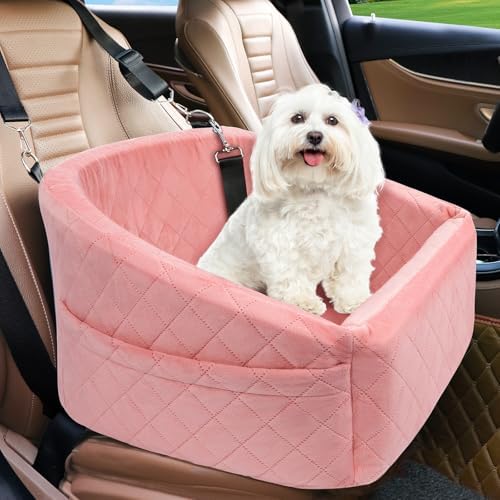 NEEZUKAR Dog Car Seat for Small Medium Dogs,Detachable Washable Dog Booster Seat Under 30lbs, Pet Car Seats Travel Bed with Storage Pockets and Safety Belt(Pink) by NEEZUKAR