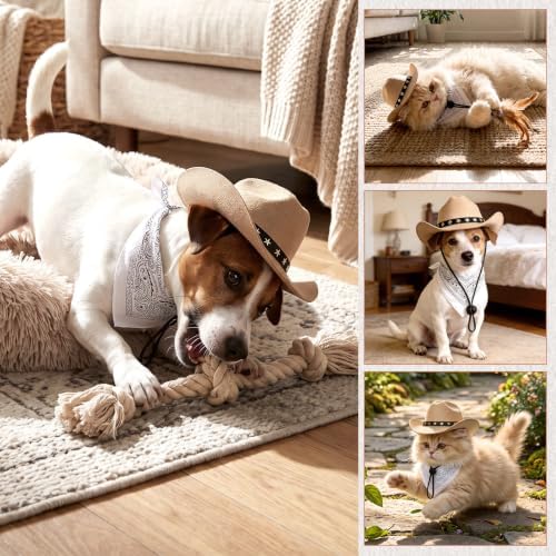 Pet Cowboy Costume, Dog Cowboy Hat with Bandana Scarf, Adjustable Cat Cowboy Hat for Party Cosplay Christmas, Halloween Cowboy Costumes for Small Pet Dogs Cats (Khaki, Small) - Image 4