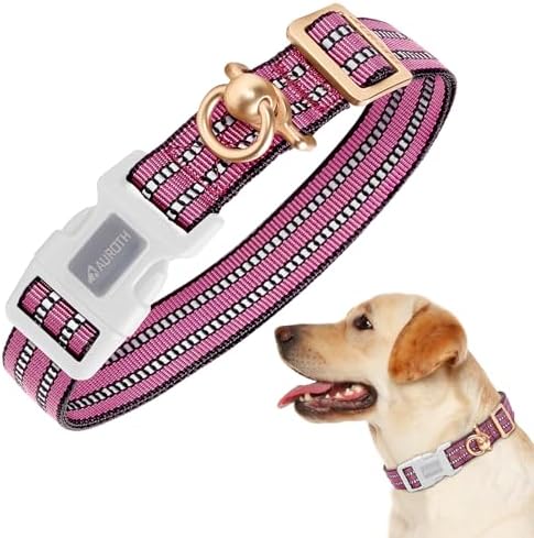 Auroth Dog Collar for Medium Large Dogs, Reflective Dog Collar, Soft Nylon Adjustable Dog Collars with Heavy Duty Metal D Ring Tangle Free (Large:15.7"-27.1", Pink) by AurothPets