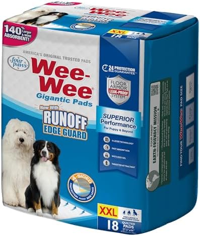 Four Paws Wee-Wee Superior Performance Pee Pads for Dogs with Runoff Barrier Edge Guard Protection, Puppy & Dog Potty Training Pads, Housebreaking Supplies, 27.5" x 44" (18 Count) by FourPaws
