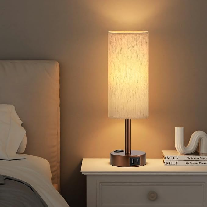 Fenmzee Brown Bedside Table Lamp for Bedroom - 3 Way Dimmable Touch Lamp USB C Charging Ports and AC Outlet, Small Lamp Round Flaxen Cream Fabric Shade for Living Room, Desk, LED Bulb Included - Image 6