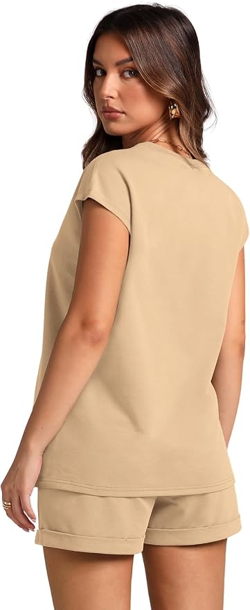WIHOLL 2 Piece Sets for Women Casual Summer Travel Vacation Outfits Cap Sleeve Shorts Lounge Set - Image 5