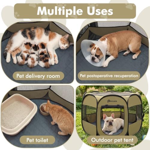 Persure Dog Cat Playpen Tent Crate Cage with Washable Pee Pad(Khaki,Medium) - Image 2