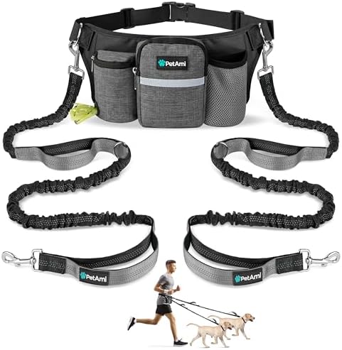 PetAmi Premium Hands Free Dog Leash for 2 Dogs, Adjustable Waist Belt Leash for Dog Walking, Fanny Pack Accessories Bag Dual Bungee Leash for Running, Hiking, Jogging, Biking, Charcoal Grey by PetAmi