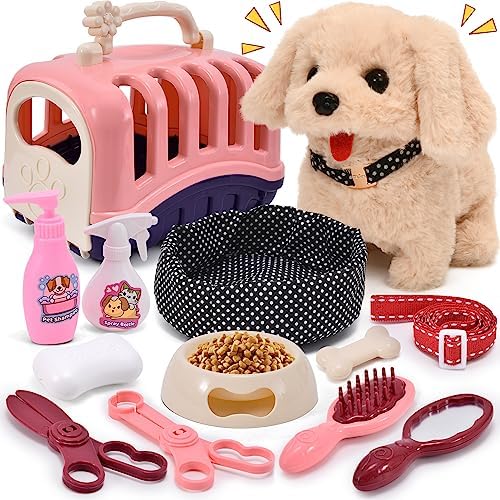 G.C 13 Pcs Robot Dog Toys for Girls, Interactive Walking Barking Puppy Toy with Carrier & Pet Care Accessories, Pretend Play Birthday Gifts for 3 4 5 6 7 8 Year Old Girls Kids Boys Toddle by GC