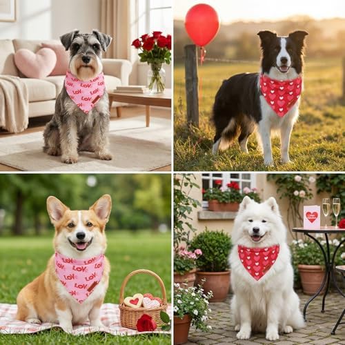 PTDECOR Valentine Dog Bandanas, Red Pink Love Heart Pet Scarf, Small - Image 2