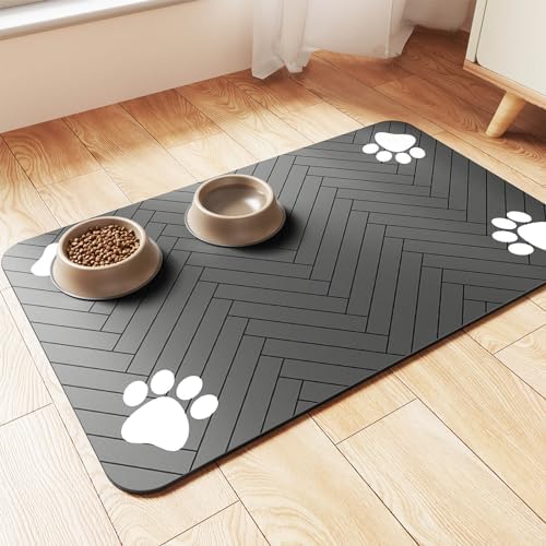Pet Feeding Mat-Absorbent Pet Placemat for Food and Water Bowl, with Waterproof Rubber Backing, Quick Dry Water Dispenser Mat for Dog and Cat (27"x17", Striped Dark Gray) by Incenseburner