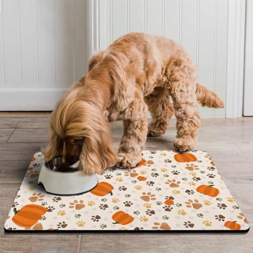 Fall Pumpkin Dog Food & Water Mat, Paw Prints Autumn Pet Feeding Mat for Floor Non-Slip Waterproof, Super Absorbent Cat Bowl Mat, Easy to Clean Eco-Friendly Durable Pet Placemat,16" × 24" - Image 2