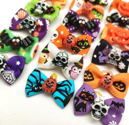 20Pcs/10 Pairs Puppy Yorkie Dog Hair Bow Halloween Ribbon with Rubber Band 40mm, Mix Colors Varies Patterns Pet Grooming Products (Halloween) - Image 6