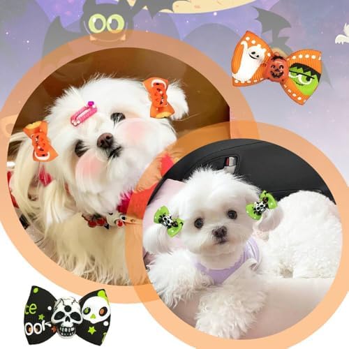 20Pcs/10 Pairs Puppy Yorkie Dog Hair Bow Halloween Ribbon with Rubber Band 40mm, Mix Colors Varies Patterns Pet Grooming Products (Halloween) - Image 3