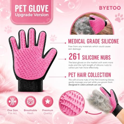 BYETOO Pet Dog Cat Grooming Glove with 261Tips,Gentle Deshedding Brush Glove,Efficient Pet Hair Remover Mitt,Massage Tool with Enhanced Five Finger Design,for Dog,Cat,Rabbit,Horse with Long/Short Fur - Image 2
