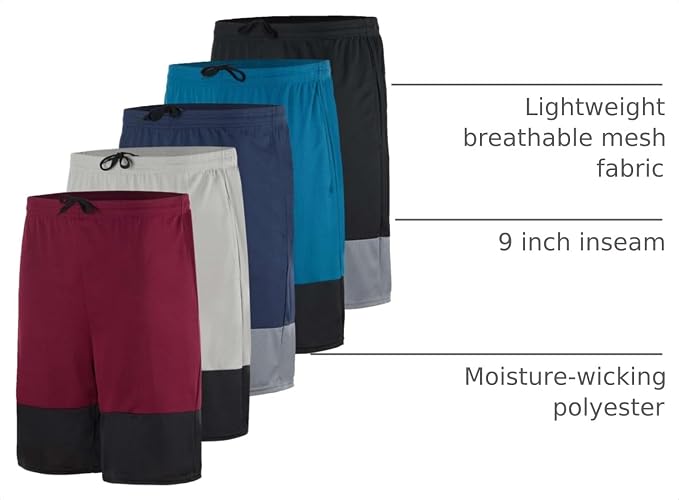5 Pack Men's Mesh Shorts Athletic Basketball Sports Gym Workout Pockets | Cooling Moisture-Wicking, 9", Long, Quick-Dry, Breathable, Elastic Drawstring Waistband. Running, Exercise, Soccer, Training. - Image 4