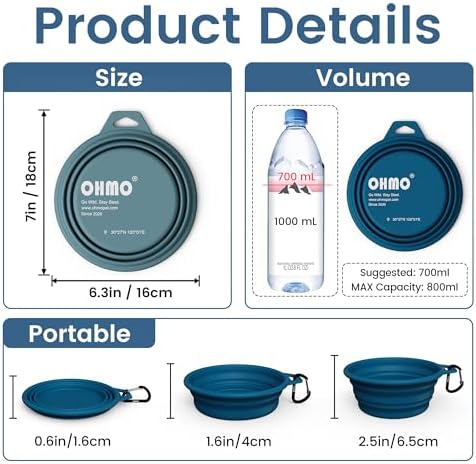 OHMO Large Collapsible Dog Bowls, Steel Rim, 27oz, 2pcs, Dark&Light Blue - Image 2
