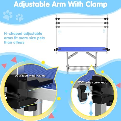 Lyromix 42'' Foldable Dog Grooming Table with Arms/Nooses/Mesh Tray, Blue - Image 3