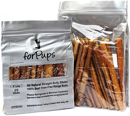 Standard Thickness Bully Sticks (6 inch, 50-Pack) - All Natural, Grass-Fed, Non-GMO 100% Beef Pizzle Dog Chews, Fully Digestible, Dental Treats for Puppies, Medium & Small Dogs (6"-50pk) by forPups