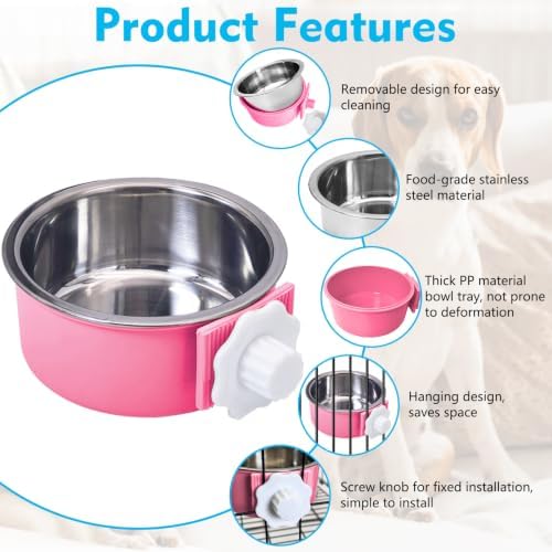 kathson Crate Dog Bowl, Removable Stainless Steel Hanging Pet Cage Bowl Food & Water Feeder Coop Cup for Cat, Puppy, Birds, Rats, Guinea Pigs (3 PCS, Size: M, Blue, Green, Pink) - Image 6