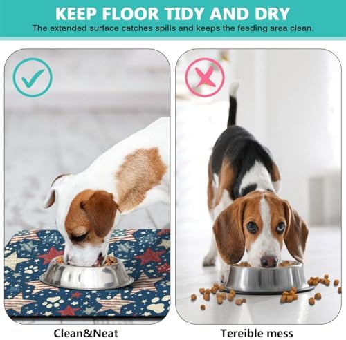 American 4th of July Star Dog Food & Water Mat,Patriotic Independence Memorial Day Paw Prints Pet Feeding Mat for Floor Non-Slip Waterproof, Super Absorbent Cat Bowl Mat, Pet Placemat,12" × 20" - Image 2