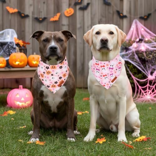 PTDECOR Pink Halloween Dog Bandanas, Pumpkin Bow Ghost Pet Scarf, Large - Image 2