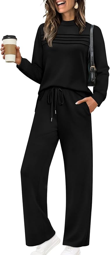 WIHOLL Two Piece Sets for Women Fall Travel Vacation Outfits 2026 Long Sleeve Lounge Sets Side Slit Wide Leg Pants XS-3XL by WIHOLL