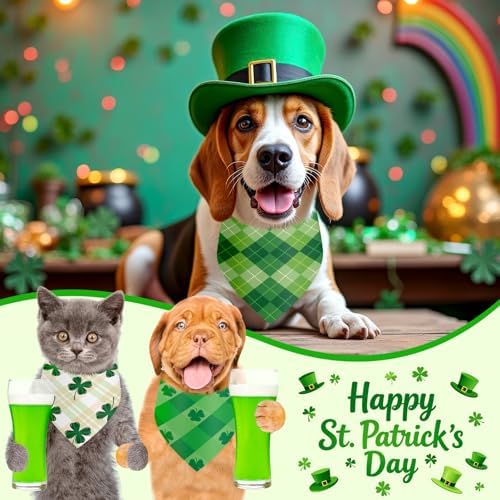 Weewooday 50 Pcs St Patricks Day Bandanas Bulk for Dogs Adjustable Irish Shamrocks Clover Green Plaid Triangle Soft Bibs Puppy Bandana for Small Medium Large Cat Pet Costume(25.6 x 17.7 x 17.7 Inch) - Image 2