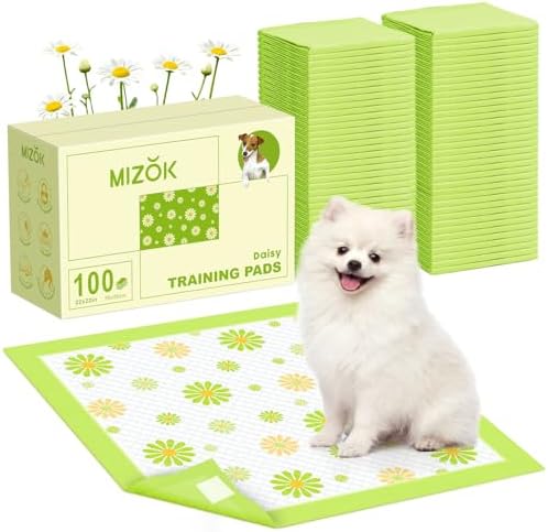 MIZOK Puppy Pads with Adhesive Tabs Green Daisy Prints Small 22x22in 100Ct by MIZOK