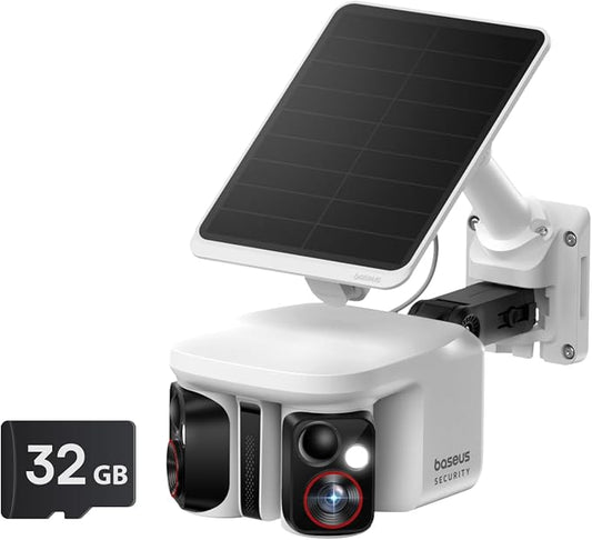 Baseus X1 Pro Dual-Tracking Solar Security Camera Outdoor Wireless, Supports up to 512GB, Dual 3K AI Cameras, 300° Pan, Color Night Vision, 8× Zoom, IP65, No Subscription with 32GB Card by Baseus