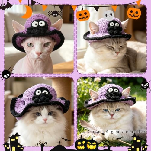 Spider Cat Hat, Cotton & Soft Cute Knitted Hats for Cats Birthday Party Halloween Christmas Spring Puppy Hat for Small Pets (Purple,M) - Image 3