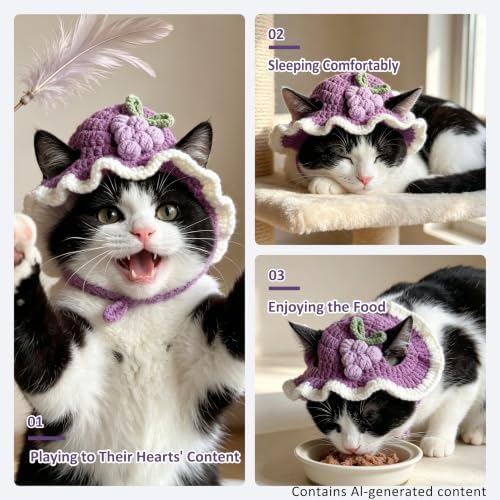 Grape Cat Hat, Cotton & Soft Cute Knitted Hats for Cats Birthday Party Spring Christmas Puppy Hat for Small Pets (Purple,M) - Image 4