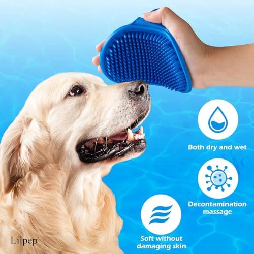 Dog Grooming Brush, Lilpep Pet Shampoo Bath Brush Soothing Massage Rubber Comb with Adjustable Ring Handle for Long Short Haired Dogs and Cats (Blue+Yellow, pack of 2) - Image 3