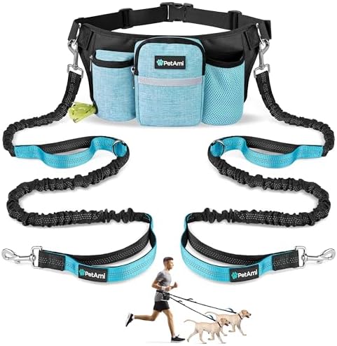PetAmi Premium Hands Free Dog Leash for 2 Dogs, Adjustable Waist Belt for Dog Walking, Fanny Pack Accessories Bag Dual Bungee for Running, Hiking, Jogging, Biking, Turquoise Blue by PetAmi