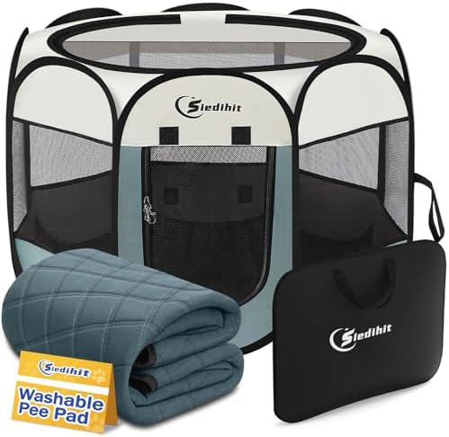 Siedihit Dog Pet Playpen Tent Crate Cage with Washable Pee Pad, Large Grey by Siedihit
