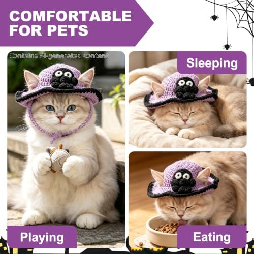 Spider Cat Hat, Cotton & Soft Cute Knitted Hats for Cats Birthday Party Halloween Christmas Spring Puppy Hat for Small Pets (Purple,M) - Image 5