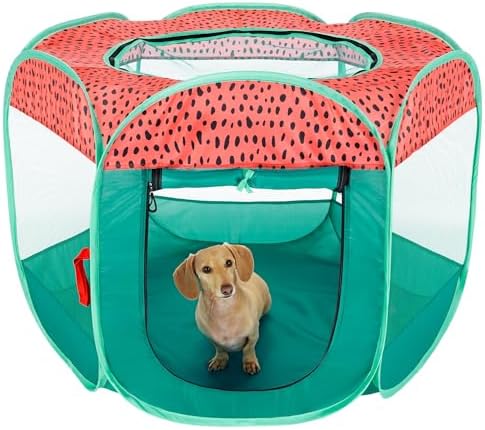 Furhaven Portable Dog Playpen Cat Tent, Pet Playground,Kennel Foldable Indoor Outdoor Zippered Puppy Crate - Green & Pink, Medium by FurHaven
