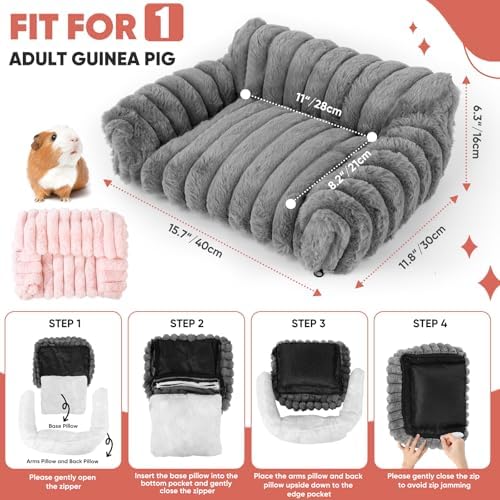 Guinea Pig Couch - Fluffy Small Pet Sofa with with Two Removable Washable Covers, Guinea Pig Bed with Stuffed Arms and Back, Super Cozy Corduroy Fleece, Pink and Dark Gray Respectively - Image 6