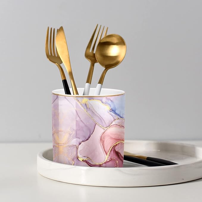 Pink Pen Holder for Desk, Premium Ceramic Pencil Holder Pen Cup Marker Holder Makeup Brush Holders, Desk Accessories & Workspace Organizers for Home, Office,Colorful Marble - Image 4